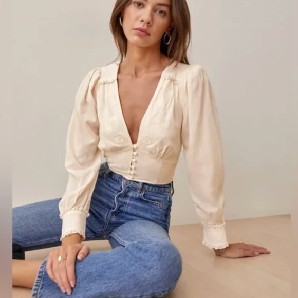 Reformation Lawrence Embroidered Top in Vintage Cream, Size 2 - Picture 1 of 9